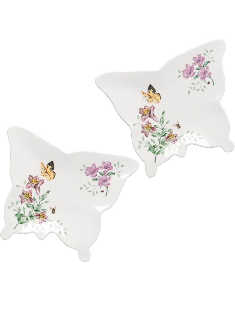Butterfly Shaped Floral Trinket Dishes - White with Pink & Yellow Motif